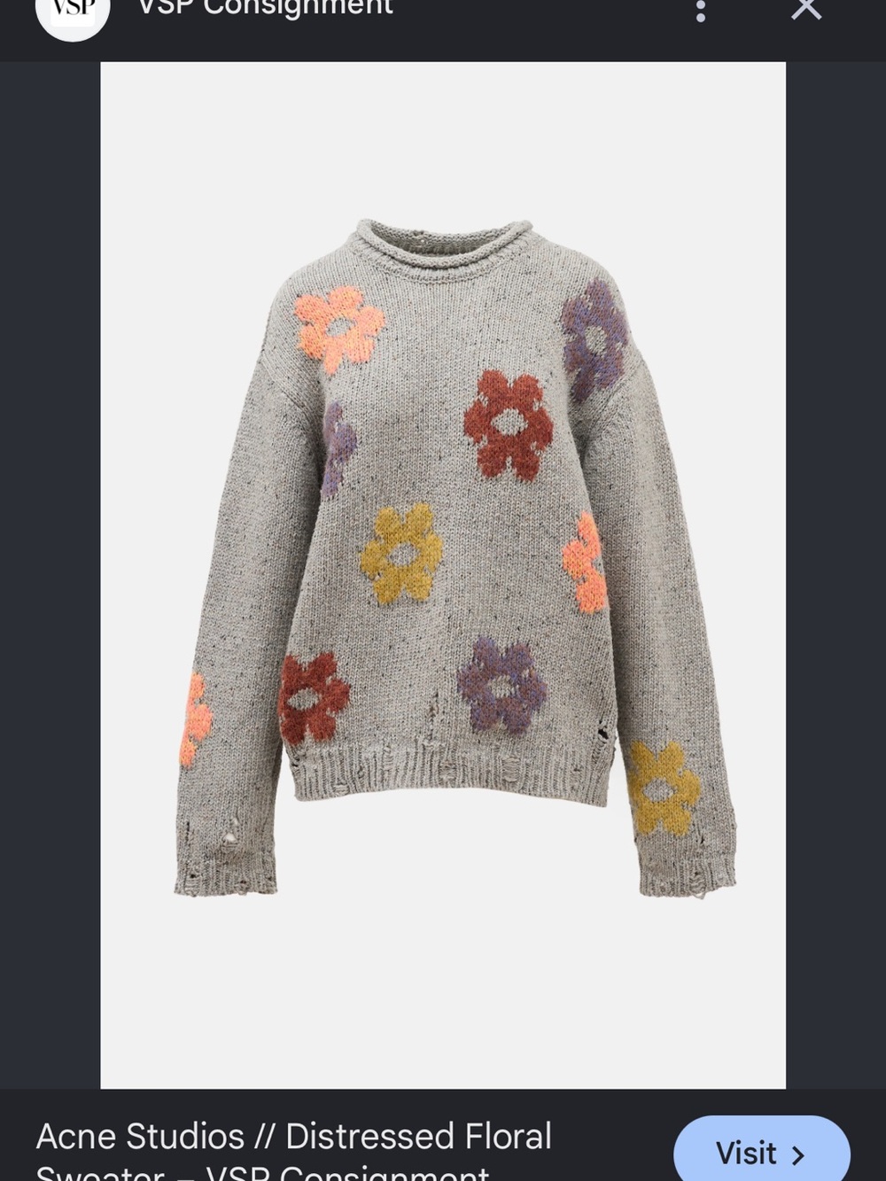 Acne Grey Crewneck Sweater with Multicolor Floral Motifs
